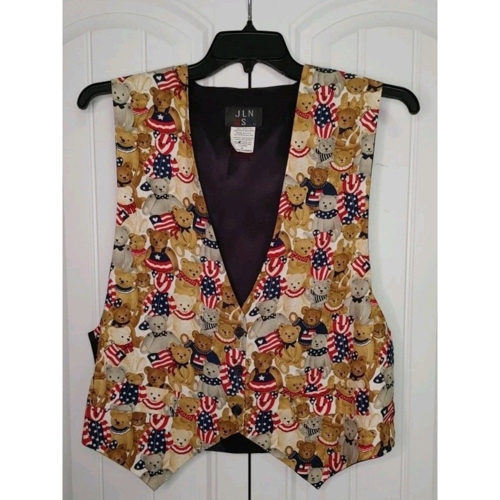 Women's XL JLN USA Festive Patriotic Bears Flag Print Vest Cottage Granny